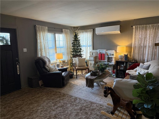 living room with carpet floors and an AC wall unit