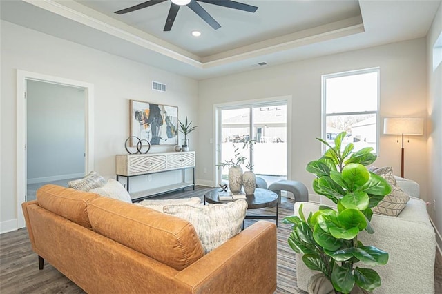 living room featuring dark hardwood / wood-style flooring, ceiling fan, and a raised ceiling