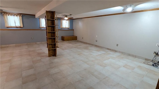 basement with ceiling fan