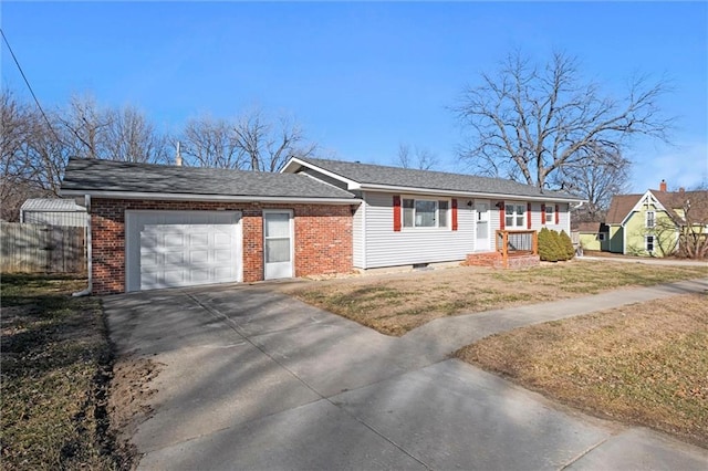 ranch-style house featuring brick siding, fence, driveway, and an attached garage