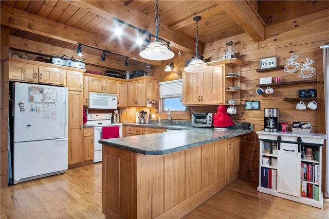 kitchen with wood ceiling, decorative light fixtures, kitchen peninsula, white appliances, and light hardwood / wood-style floors