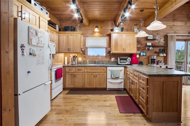 kitchen featuring wood ceiling, white appliances, light hardwood / wood-style flooring, hanging light fixtures, and kitchen peninsula