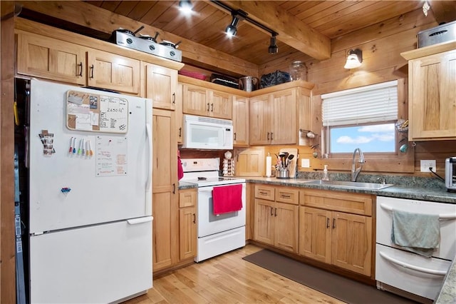 kitchen with sink, wood ceiling, light hardwood / wood-style flooring, white appliances, and beam ceiling