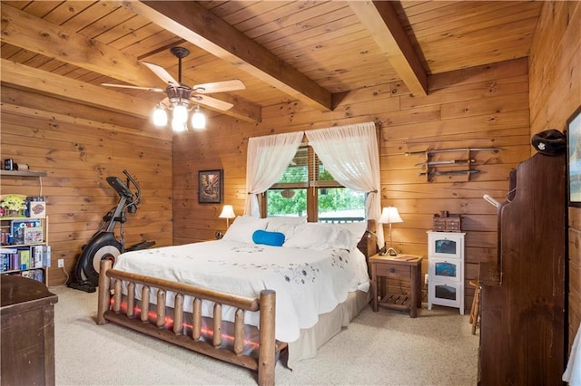 bedroom featuring wooden walls, light colored carpet, beam ceiling, and wooden ceiling