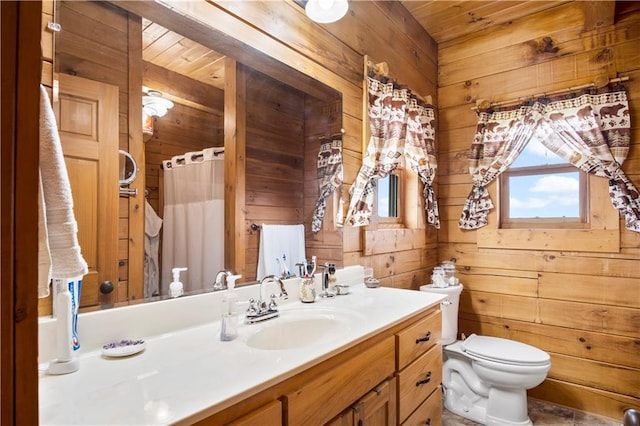 bathroom with wood walls, vanity, toilet, wooden ceiling, and a shower with curtain