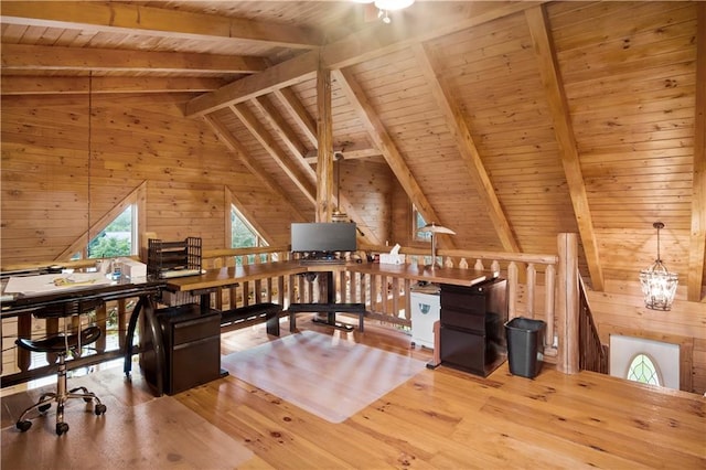 office space with lofted ceiling with beams, wood ceiling, wooden walls, and light hardwood / wood-style flooring