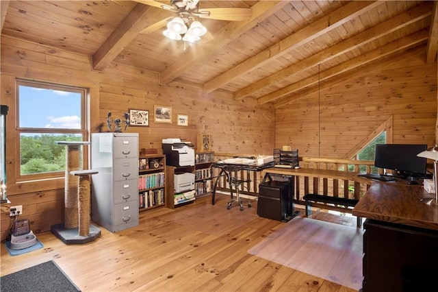 office featuring wood ceiling, lofted ceiling with beams, light wood-type flooring, wooden walls, and ceiling fan