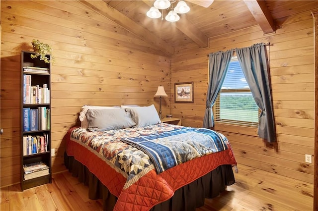 bedroom with wood ceiling, vaulted ceiling with beams, light wood-type flooring, and wood walls