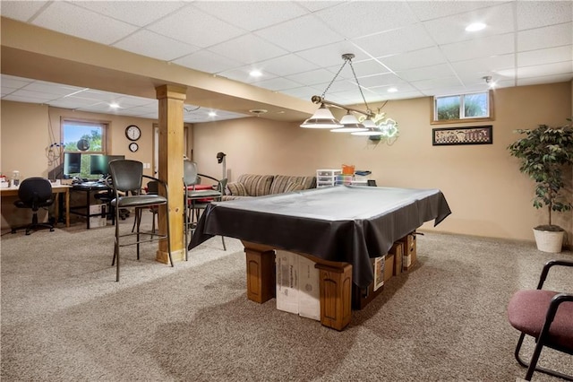 playroom featuring pool table, carpet flooring, and a drop ceiling