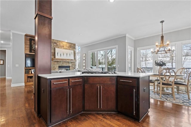 kitchen with light countertops, a stone fireplace, dark wood-type flooring, and crown molding