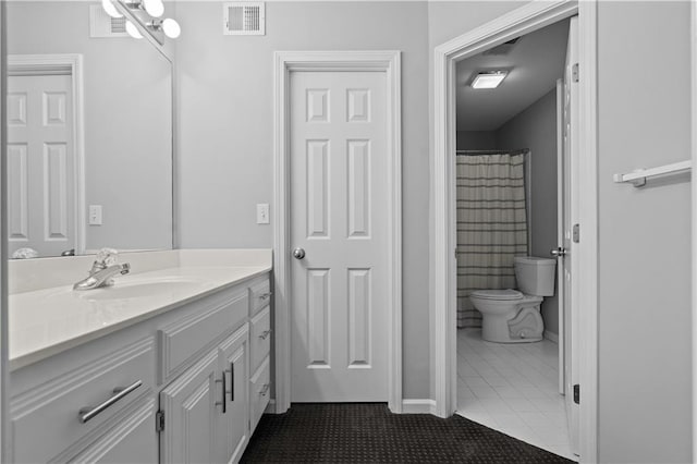 full bath featuring toilet, tile patterned flooring, visible vents, and vanity