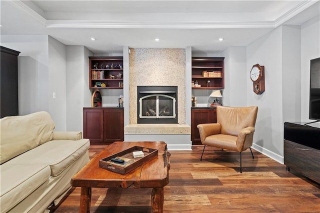 living room with a large fireplace, baseboards, wood finished floors, and recessed lighting