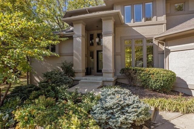 view of exterior entry with stucco siding