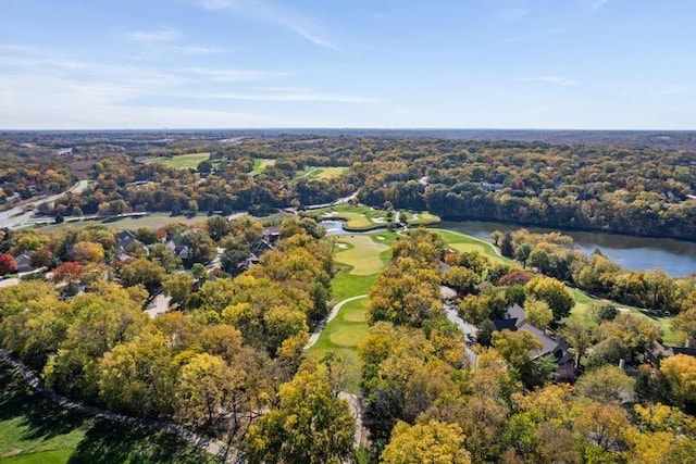 bird's eye view featuring a water view and a view of trees