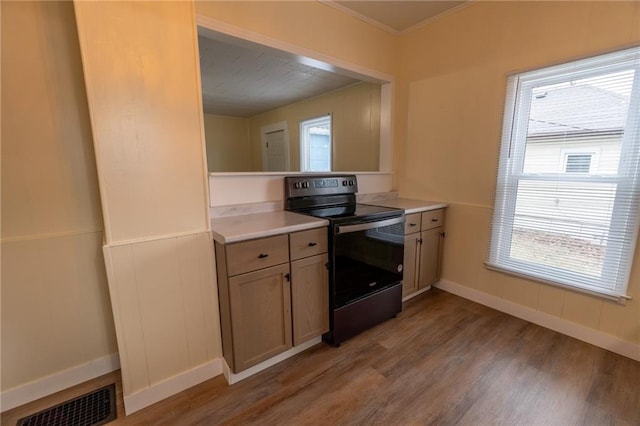 kitchen featuring range with electric stovetop, ornamental molding, and light hardwood / wood-style flooring