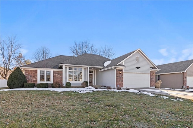 ranch-style house with a garage and a front yard