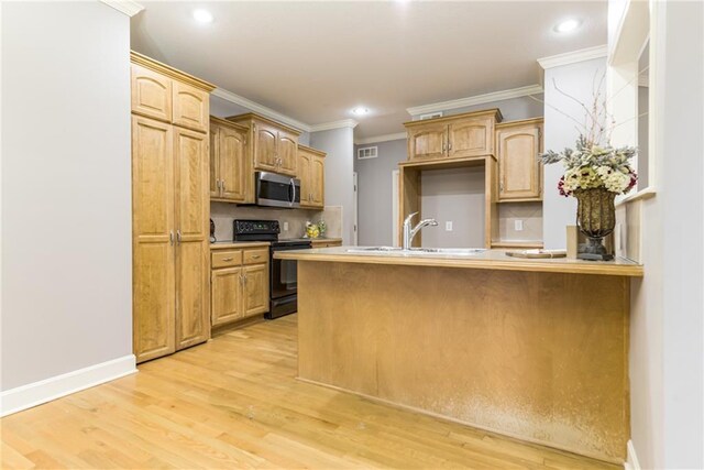 kitchen with decorative backsplash, black electric range oven, sink, and kitchen peninsula