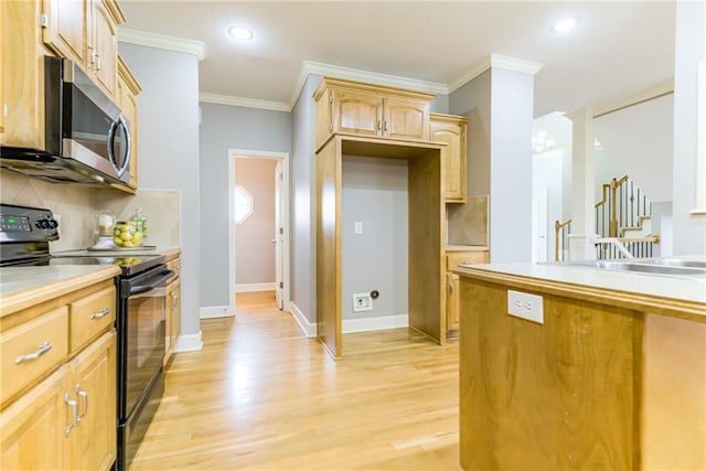 kitchen with light brown cabinetry, backsplash, crown molding, black electric range, and light wood-type flooring