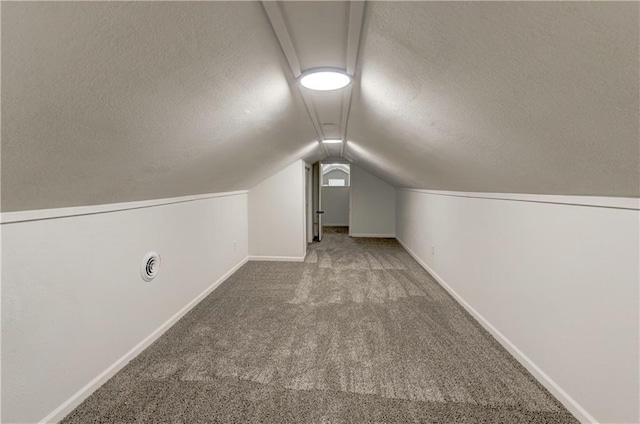 additional living space featuring carpet floors, vaulted ceiling, and a textured ceiling