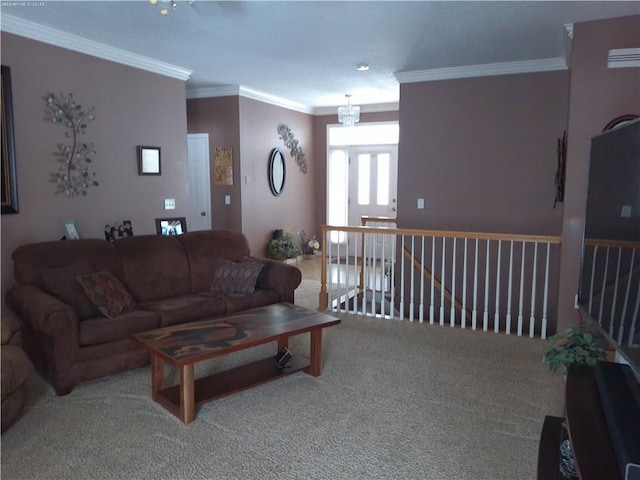 carpeted living room with crown molding