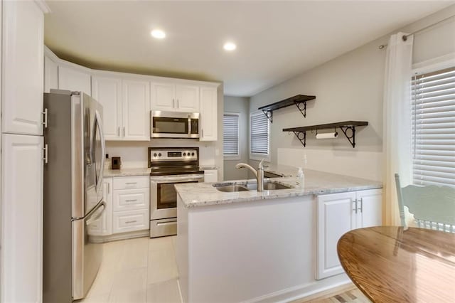 kitchen featuring sink, white cabinetry, light stone counters, kitchen peninsula, and stainless steel appliances