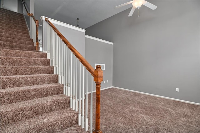 stairs featuring carpet floors, high vaulted ceiling, baseboards, and a ceiling fan