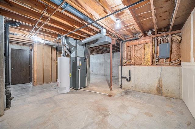 basement featuring heating unit, electric panel, and water heater