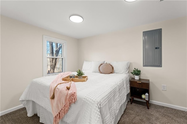 bedroom with carpet floors and electric panel