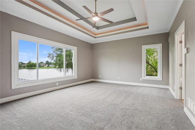 4749 SW Gull Point Dr, Lees Summit, MO 64082 - spare room featuring a tray ceiling, ceiling fan, healthy amount of natural light, carpet flooring, and ornamental molding