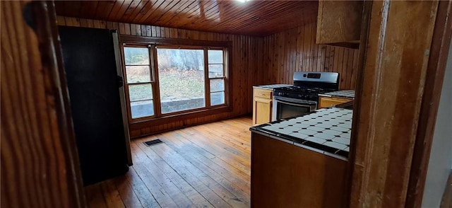 kitchen with wood ceiling, tile countertops, light hardwood / wood-style floors, wooden walls, and stainless steel appliances