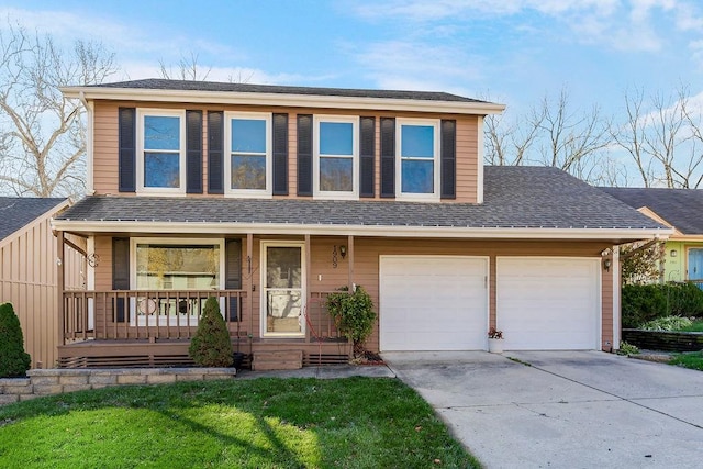 traditional home with a garage, roof with shingles, a porch, and concrete driveway