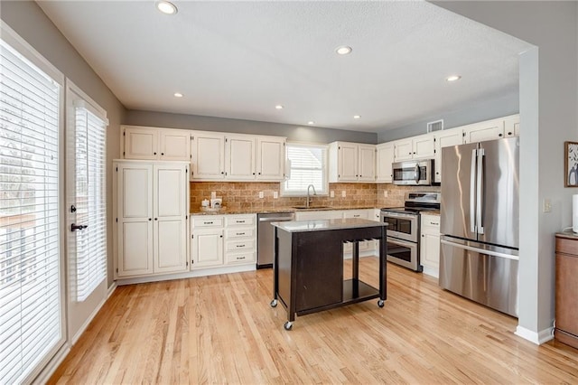 kitchen with sink, a breakfast bar area, a kitchen island, stainless steel appliances, and white cabinets