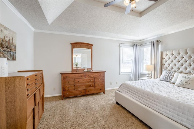 carpeted bedroom with crown molding, a textured ceiling, and ceiling fan