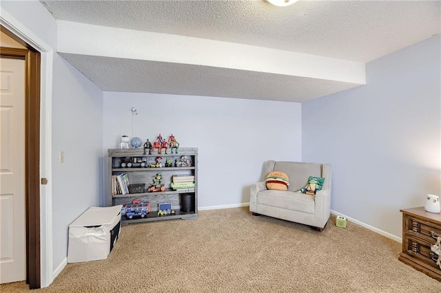 living area featuring carpet flooring and a textured ceiling