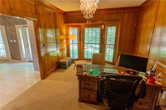 tiled office featuring a healthy amount of sunlight, a chandelier, and wooden walls