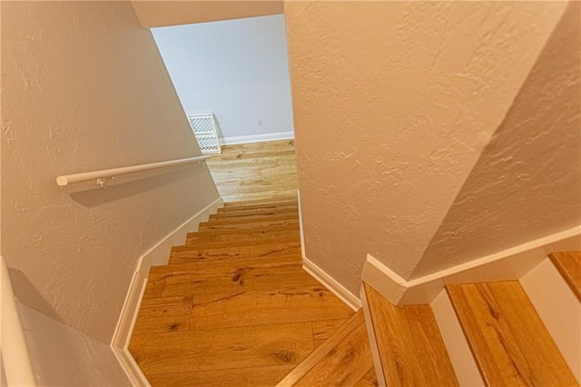 stairway with hardwood / wood-style floors