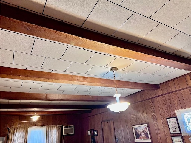 details with wooden walls, beam ceiling, and a wall unit AC