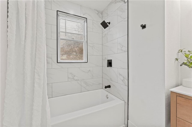 full bath with vanity and shower / tub combo with curtain