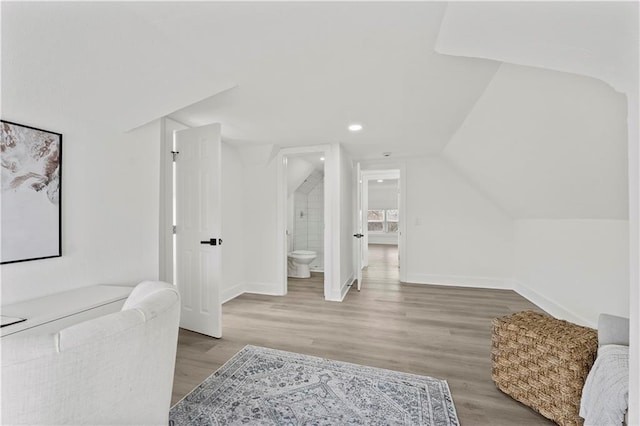 interior space with lofted ceiling, baseboards, and wood finished floors