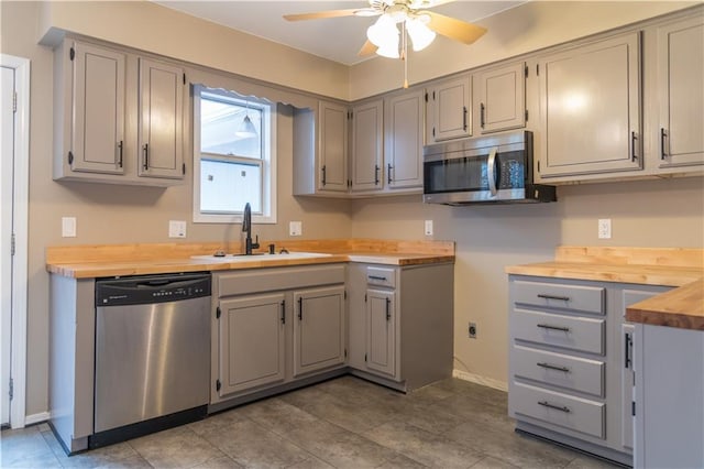 kitchen featuring butcher block counters, sink, gray cabinets, and appliances with stainless steel finishes