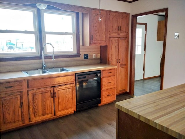 kitchen featuring black dishwasher, decorative backsplash, sink, dark wood-type flooring, and butcher block countertops