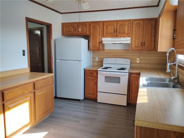 kitchen with white appliances, tasteful backsplash, sink, dark hardwood / wood-style floors, and ornamental molding