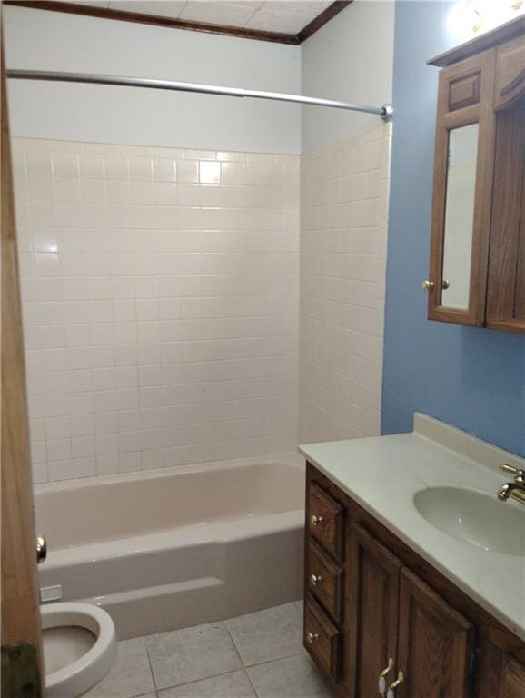 full bathroom with shower / bath combination, toilet, vanity, and tile patterned flooring