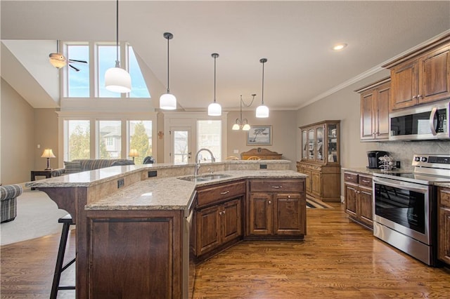 kitchen featuring sink, dark wood-type flooring, a breakfast bar area, appliances with stainless steel finishes, and a spacious island