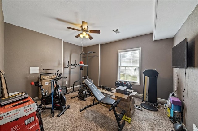 workout area featuring ceiling fan and carpet