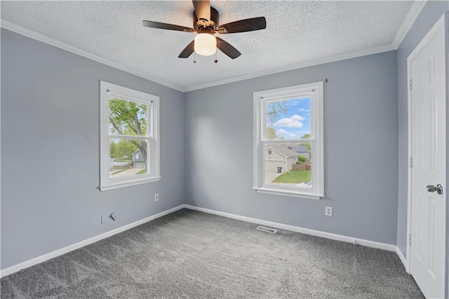 2016 NE Summerfield Ct, Blue Springs, MO 64029 - carpeted spare room featuring ornamental molding, a textured ceiling, and ceiling fan