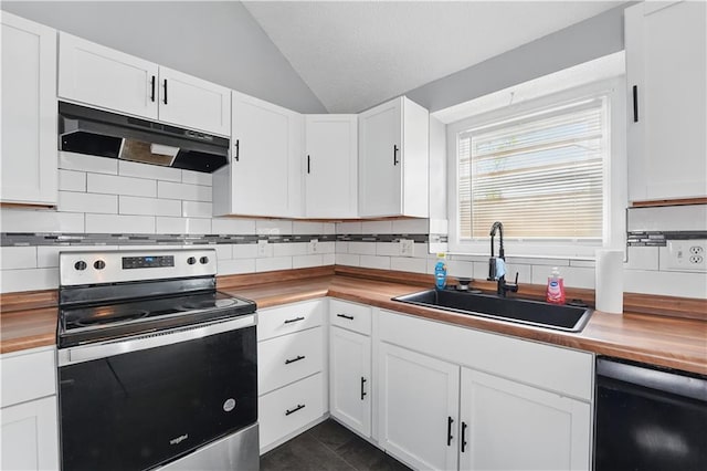 2016 NE Summerfield Ct, Blue Springs, MO 64029 - kitchen with electric stove, under cabinet range hood, butcher block countertops, dishwasher, and vaulted ceiling