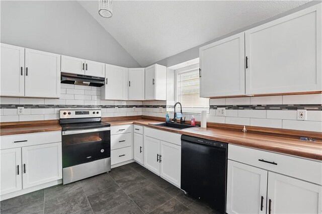 2016 NE Summerfield Ct, Blue Springs, MO 64029 - kitchen with wood counters, dishwasher, stainless steel electric stove, under cabinet range hood, and lofted ceiling