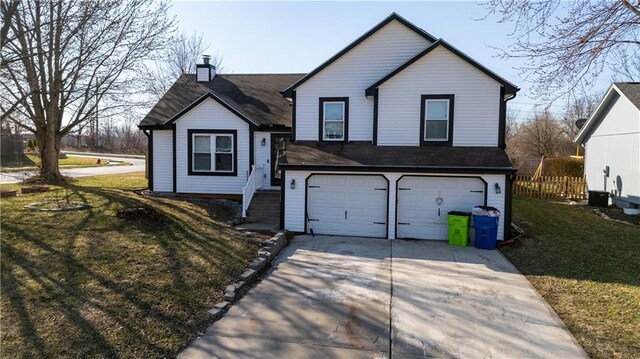 2016 NE Summerfield Ct, Blue Springs, MO 64029 - view of front facade featuring a garage, a chimney, concrete driveway, and a shingled roof