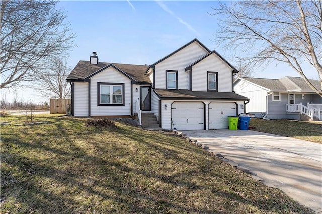 2016 NE Summerfield Ct, Blue Springs, MO 64029 - tri-level home featuring an attached garage, a chimney, driveway, and a front yard